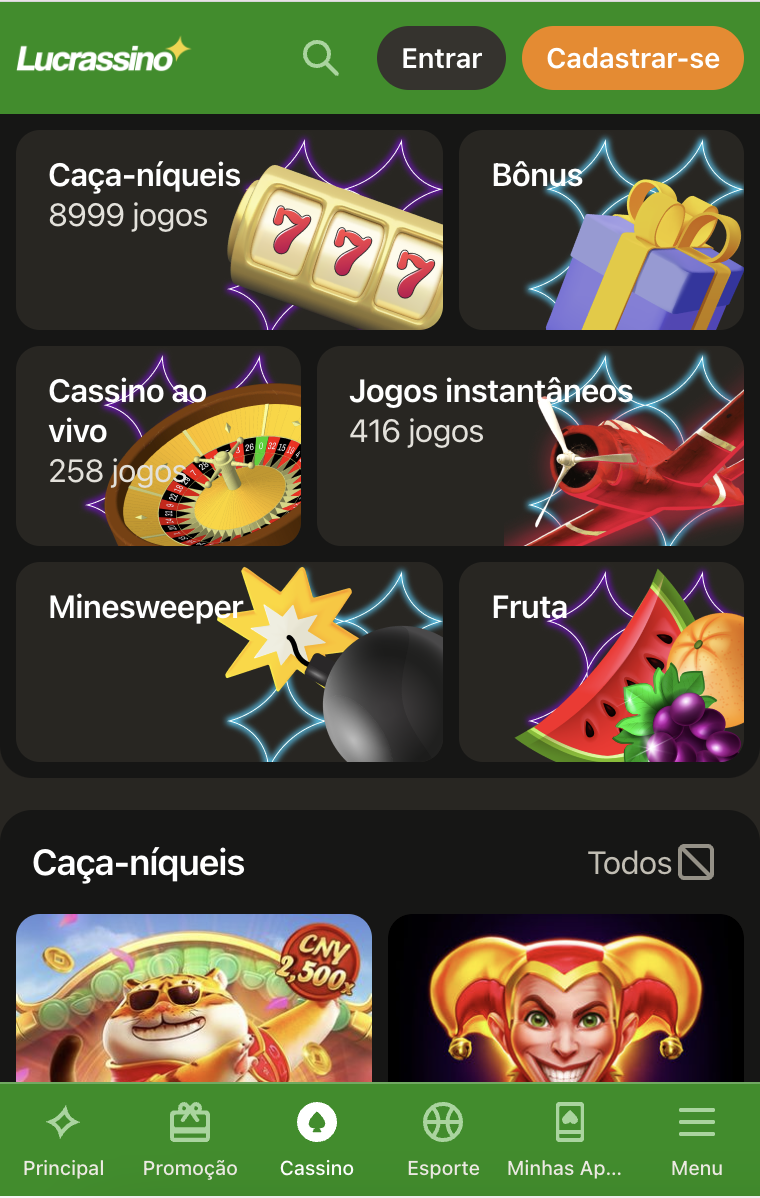 Tela dos jogos de cassino do Lucrassino